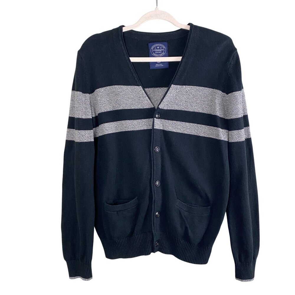 Y2K American Eagle Mens Varsity Striped Button Cardigan Black Preppy Academia-S